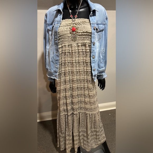 Mocha Brown Stretch Lace Bohemian Strapless Maxi Dress New Sz XL - Picture 1 of 8